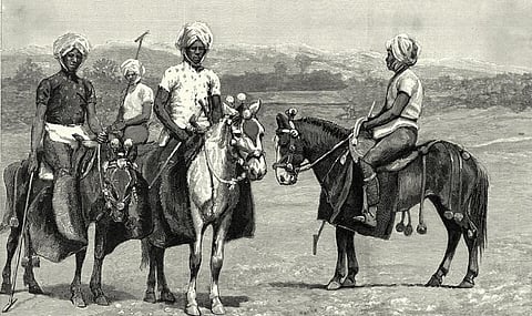 A vintage illustration of Manipuri Polo players and ponies. Credit: iStock