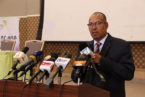 Motuma Mekasa, adviser to the Ethiopia Minister of Water and Energy, speaking at the Ethiopian National Climate Outlook Forum (for Kiremt). Photo: Mekonnen Teshome