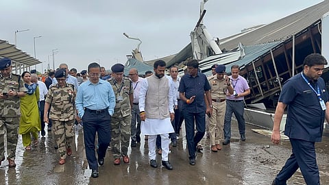 Union Civil Aviation Minister K Ram Mohan Naidu inspects the damaged Terminal 1 at IGI Airport New Delhi after heavy rain on June 27-28. Delhi received an excess rain of 44 per cent.