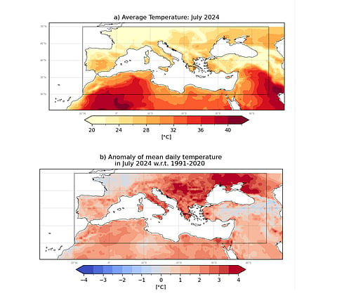 Daily average temperature for July 2024 (a) and (b) the anomaly for 1991-2020 July average