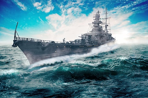 Illustration of a warship going through the rough atlantic