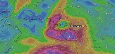 The location of the depression over Gujarat and Pakistan.