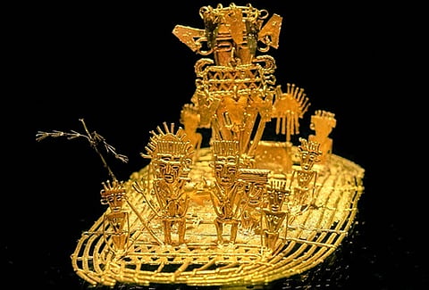 Muisca raft in the Gold Museum, Bogotá, Colombia. This raft made of gold was found in Pasca, Cundinamarca, in 1969, and is associated with the legend of El Dorado.