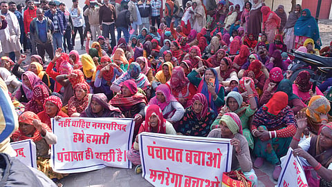 Women from villages surrounding Rajasthan’s Hanumangarh municipal council during a protest on February 13, 2025, against the state government’s decision to merge their villages into Hanumangarh town
