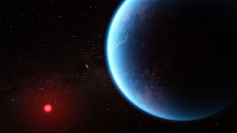 An illustration of the exoplanet K2-18b, which some research suggests may be covered by deep oceans.