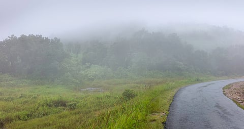 Heavy mist and rain over Khasi hills along highway near Shillong