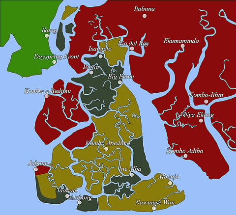 Map showing the parties involved over the oil-rich Bakassi and its maritime frontier. Contested by Cameroon and Nigeria, the dispute was resolved by the International Court of Justice in 2002.