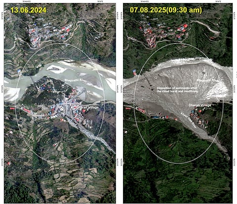 ISRO satellite images reveal the scale of Dharali’s destruction: A fan-shaped deposit of sediment and debris