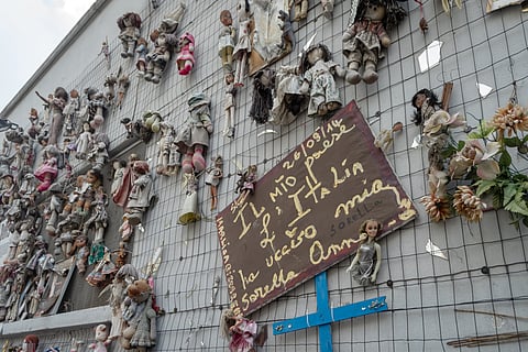 "The Wall of Dolls" a public art installation exhibit in Ticinese district in Milan, Italy to help shine a light on the increasing violence against women throughout the world.