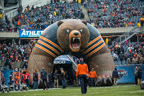 An archway of Staley Da Bear, the official mascot of the United States football team, the Chicago Bears.