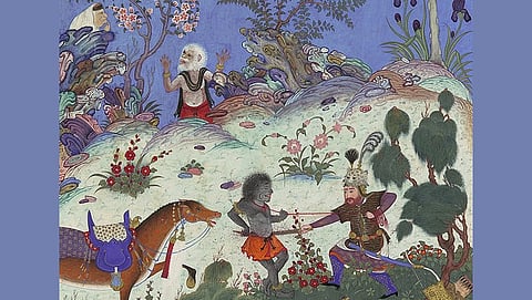 The legendary Persian hero, Rustam, fights a witch. Notice his leopard hat headgear and tiger-skin coat.