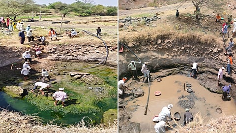 Left: The well before cleaning, choked with years of accumulated debris and silt. Right: The same well after the community Halma, restored and ready to serve the village once again.