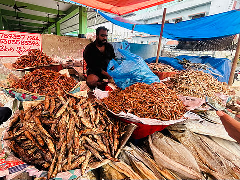A fisher selling dried marine food in Amalapuram.