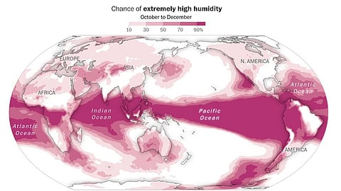According to meteorologist Ben Noll, around 2.6 billion people across the planet may experience very unusually high temperatures for the time of year through December. In chart, probability of average temperatures exceeding the 95th percentile to 2026 from 1985.