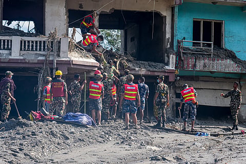 The aftermath of massive flooding along the Bhotekoshi River in Devighat, Nuwakot, Nepal, on August 28, 2026, which inundated low-lying areas and settlements near the riverbanks.