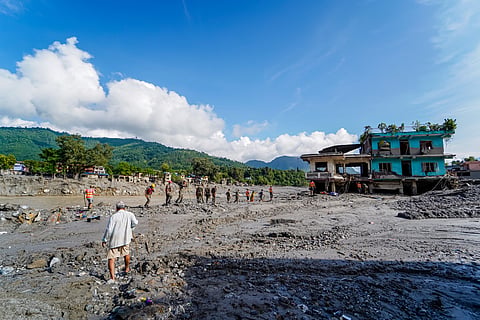 The aftermath of massive flooding along the Bhotekoshi River in Devighat, Nuwakot, Nepal, on August 28, 2026, which inundated low-lying areas and settlements along its banks.