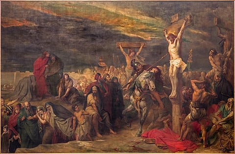 ‘The Crucifixion’, a 1886 painting by Jean Francois Portaels in the St. Jacques Church in Brussels, Belgium. Credit: iStock