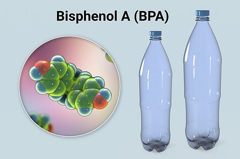 Bisphenol A molecule and plastic bottles, 3D illustration from iStock