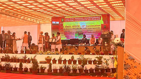 National Security Advisor (NSA) Ajit Doval being honoured with Doctor of Literature (D.Litt.) by former president Ram Nath Kovind, at Central University of Punjab in Bathinda, on March 19, 2024.