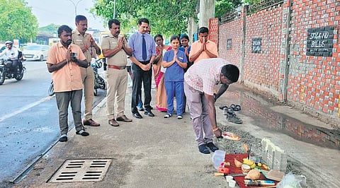 The foundation stone for the construction of the police outpost was laid at the Government Dental College hostel on June 3