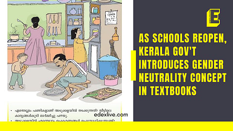 The minister shared the page from the Malayalam medium textbook of Class III which shows the father sitting on the floor grating coconut while the mother is seen cooking dishes
