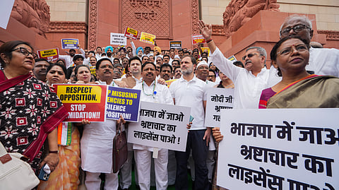 Leader of Opposition in the Lok Sabha Rahul Gandhi with other MPs of INDIA bloc stages a protest against the alleged misuse of probe agencies by the central government, during the ongoing Parliament session, in New Delhi today, July 1.