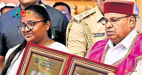 Prema S receives 11 gold medals in MA Kannada from Governor Thaawarchand Gehlot at the Bangalore University Convocation