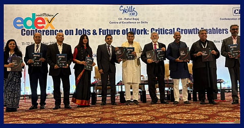 L to R: Kamakshi Pant, Chief Business Officer, Taggd; Sougata Roy Choudhury, Executive Director - Skills, AA & IR, CII; Nirmal Singh, Chief Convenor of India Skills Report, Founder & CEO, Wheebox – ETS; Jaya Awasthi, Principal and Head – Skills, CII; A N Prashant, Senior Director, CII; Shri Suresh Prabhakar Prabhu, Former Union Minister; Dr. Arvind Varmani, Member, NITI Aayog, GoI; Aditya Ghosh, Chairman, CII National Committee on Skill Development and Livelihood, Co-Founder, Akasa Airlines, Founder, Homage and Chairman- Social Enterprise Center of SEWA; Mr. Devashish Sharma, Co-Founder & Taggd, Member - National Committee for Skills and Livelihood, CII; and Praveen Dwiwedi, SVP – public sector & public policy affairs, ETS Assessment Services