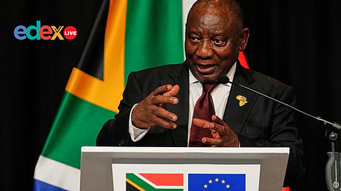 South African President Cyril Ramaphosa speaks during the media conference after meeting EU leaders in Johannesburg, South Africa, Thursday, Nov. 20, 2025