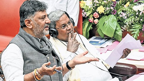 Deputy CM DK Shivakumar with CM Siddaramaiah during the winter session of the legislature in Suvarna Vidhana Soudha in Belagavi on Thursday