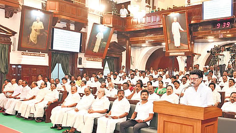 CM M K Stalin addressing the House on the first Assembly session of the new year on Tuesday.