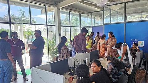 A group of parents at a private playschool in Coimbatore held a sit-in protest on the school campus, demanding a refund of their children'sdeposit amount.Photo | Express
