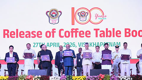 Vice-president CP Radhakrishnan, Governor S Abdul Nazeer, CM Nara Chandrababu Naidu and others during the centenary celebrations of Andhra University in Visakhapatnam on Monday.