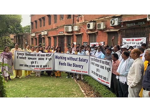 Sam Higginbottom Agriculture University teachers and staff in Prayagraj protest, claim unpaid salary arrears