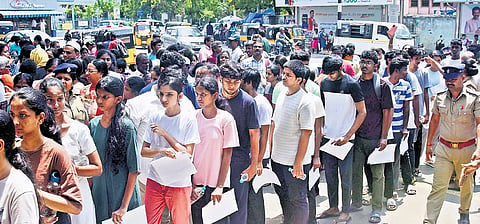 Candidates appearing for NEET at a school at Shenoy Nagar in Aminjikarai on Sunday.