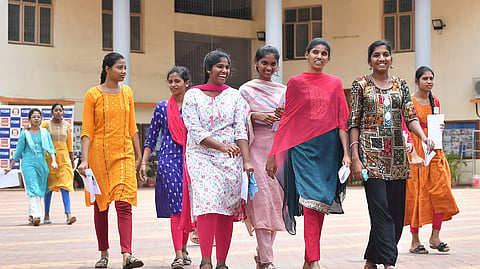 Students coming out of an exam centre after taking AP EAPCET examination in Vijayawada on Monday.