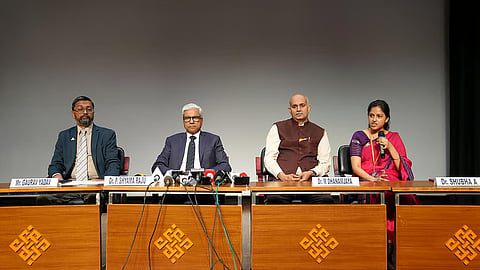 Gaurav Yadav, Director of Admissions; Dr P. Shyama Raju, Chancellor, REVA University; Dr M. Dhanamjaya, Registrar, REVA University; and Dr Shubha A, Dean, REVA Business School, are seen.