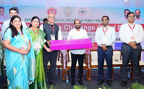 Health Minister Y Satya Kumar Yadav presents awards at the AI-based healthcare systems partners conference in Mangalagiri on Tuesday.