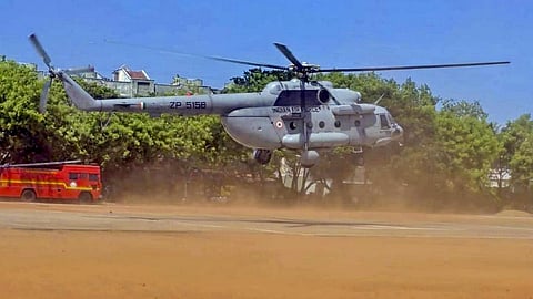 An Indian Air Force Mi-17 helicopter conducts a trial landing ahead of the NEET-UG re-examination in Tirunelveli, Tamil Nadu, on June 16, 2026.