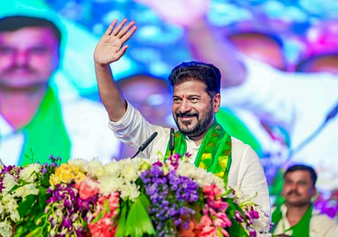 Hyderabad: Telangana Chief Minister A. Revanth Reddy addresses a gathering after laying the foundation stone for the Integrated Fruit Market and Integrated Sub-Registrar Office Complex at Koheda, near Hyderabad, Telangana, on Saturday, June 6, 2026. (Photo: IANS/X/@revanth_anumula)