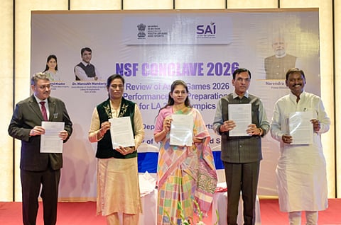 Union Sports Minister Mansukh Mandaviya calls for stronger talent pipeline at Asian Games review meet in New Delhi on Thursday. Photo credit: SI Media