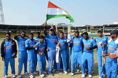 The Indian Blind Cricket Team pose for a photo post their 2018 Blind Cricket World Cup win