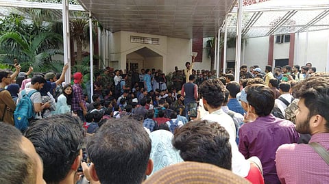 Students protesting in front of the VC's office