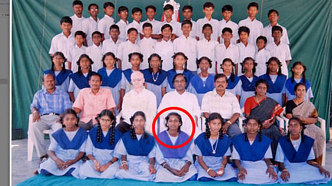 Gomathi Marimuthu seen in a class photograph while studying at St Thomas School, Nazareth, Pudukottai