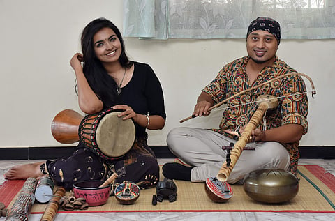 Charumathi Muralidharan and Leon James with their indigenous musical instruments (Pic: U Rakesh Kumar)