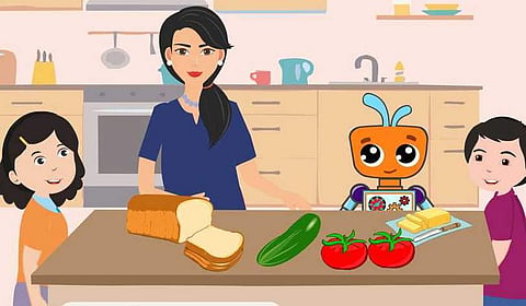 Yash, Yashika and their mother with Mr Bot | (Pic: Scholastic)