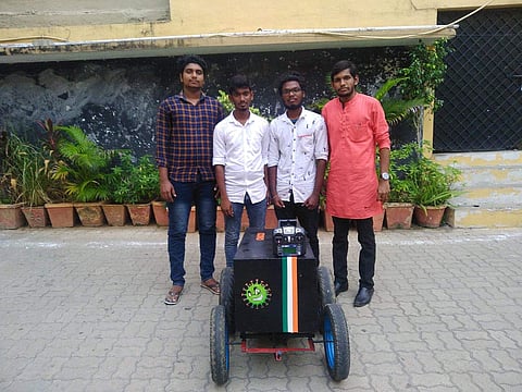 (From left) Naveen, Santhosh, Gokul and Sunil with the robot (Pics: Santhosh Kumar S)