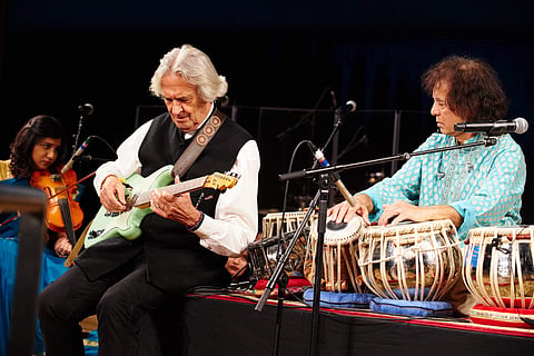 (From left to right) Apoorva Krishna, John McLaughlin and Zakir Hussain