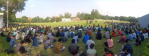 Students protesting at the stadium at IIT Kanpur (Pic: Sourced)