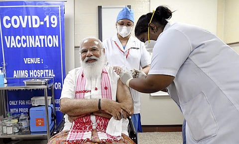 File Photo: PM Modi getting the vaccine shot at AIIMS | Pic: PTI